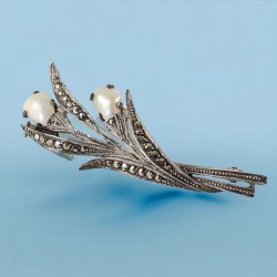 Vintage Art Deco Baby Tooth Pearls & Marcasite Silver Floral Brooch