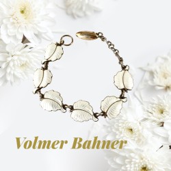 Vintage Danish Volmer Bahner Modernist White Guilloche Enamel Sterling Silver Leaf Bracelet