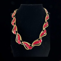 Vintage Trifari Red Enamel Gold Tone Necklace and Earrings Demi-Parure