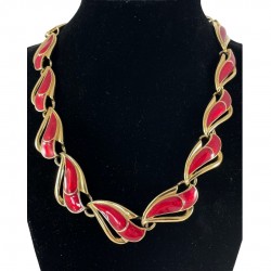Vintage Trifari Red Enamel Gold Tone Necklace and Earrings Demi-Parure